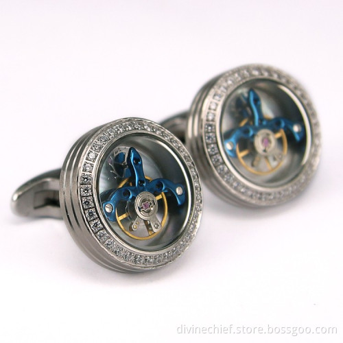Make Custom Logo CNC Inlaid Stones Tourbillon Movement Cufflinks In Stainless Steel Jewelry
